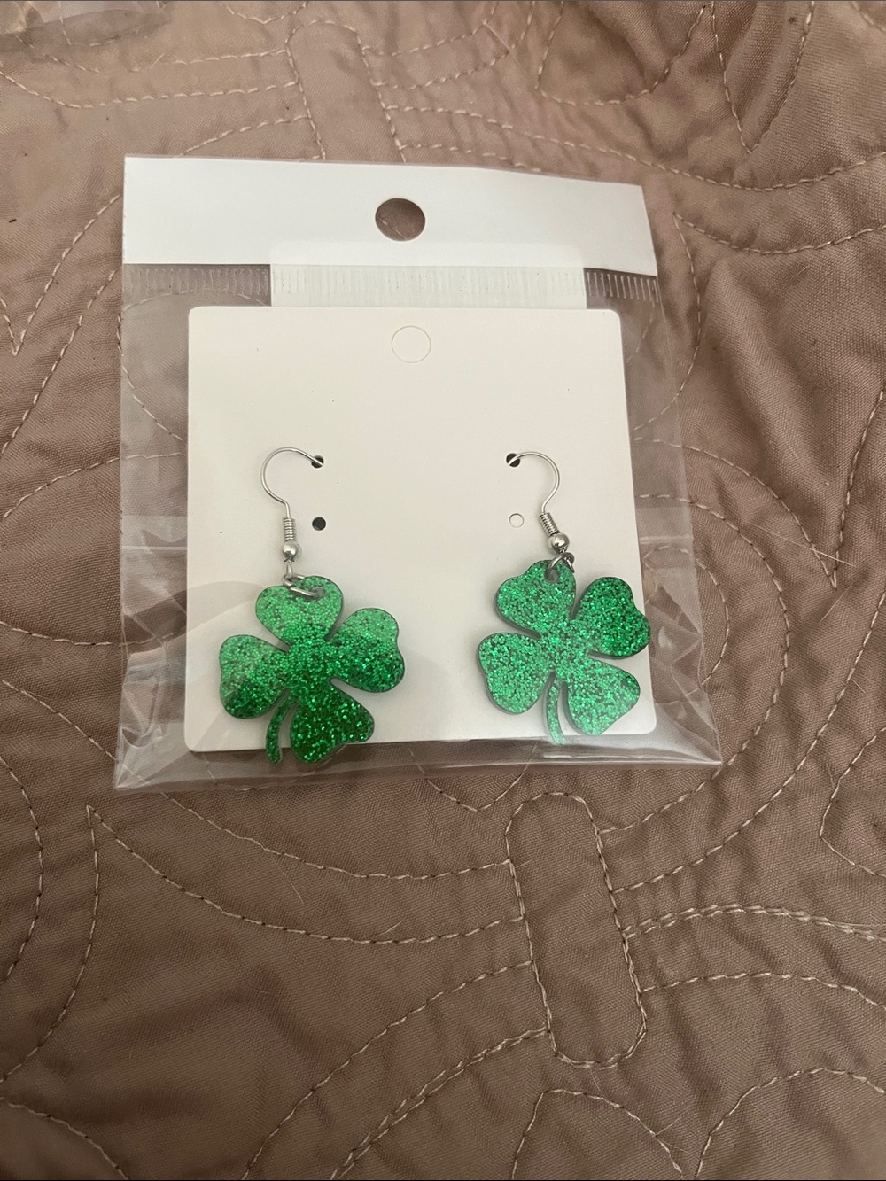 Green Glitter Four-Leaf Clover Dangle Earrings